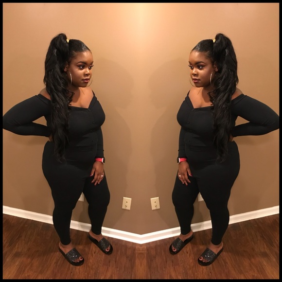 Fashion Nova Pants - Black Off Shoulder Jumpsuit